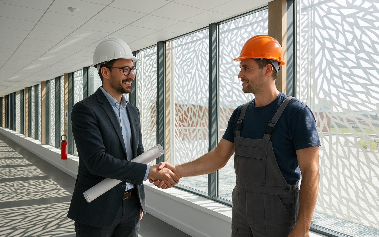 Deux personnes portant des casques de chantier se serrent la main dans un couloir lumineux avec de grands ensemble vitrés K-line. L'une tient des plans, l'autre porte une salopette de travail.